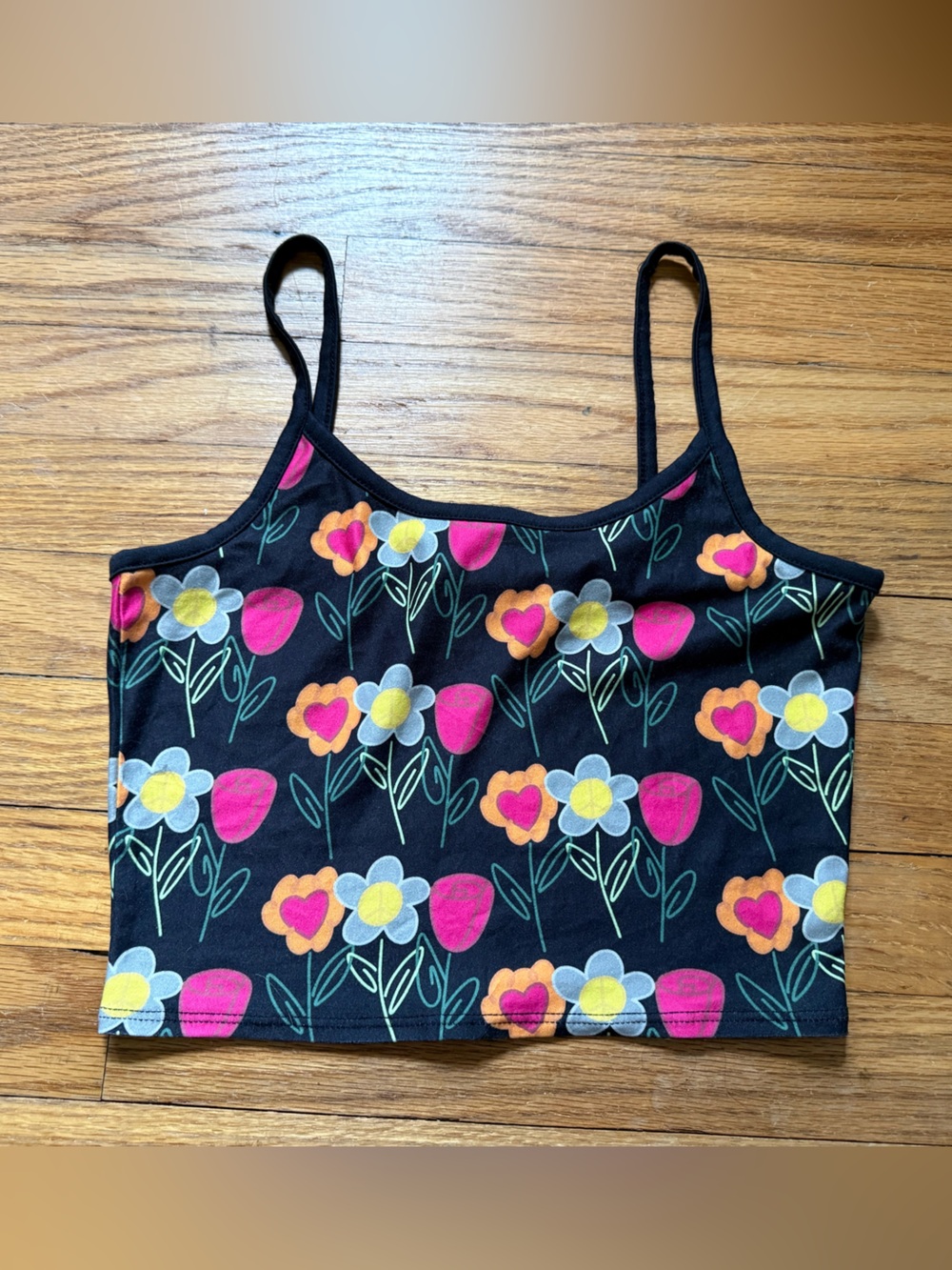 Zumiez Black Floral Crop Tank with Pink, Yellow & Orange Flowers